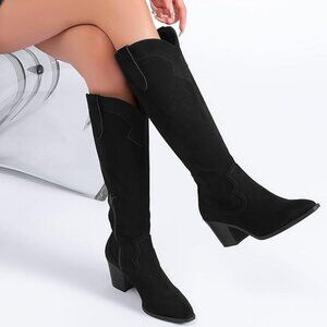 NEW Women's Black Knee High Boots Chunky Block Low Heel and Slouchy Pointed Toe